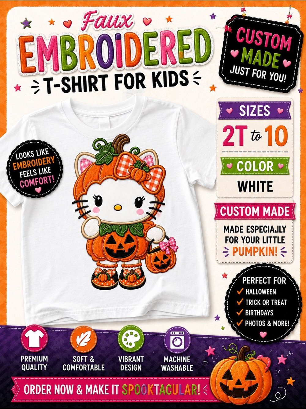 Hello Kitty pumpkin Halloween t-shirt- kids, Black, Orange, Green New S M L X